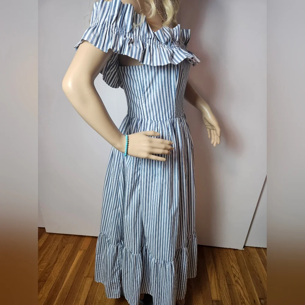 Abercrombie & Fitch Blue White StripedOff-the-Shoulder Maxi Dress Small Tall